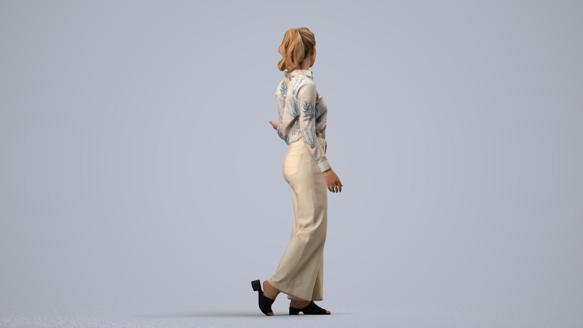 3D scanned woman walking casual, photorealistic archviz people for Enscape and SketchUp, side view render