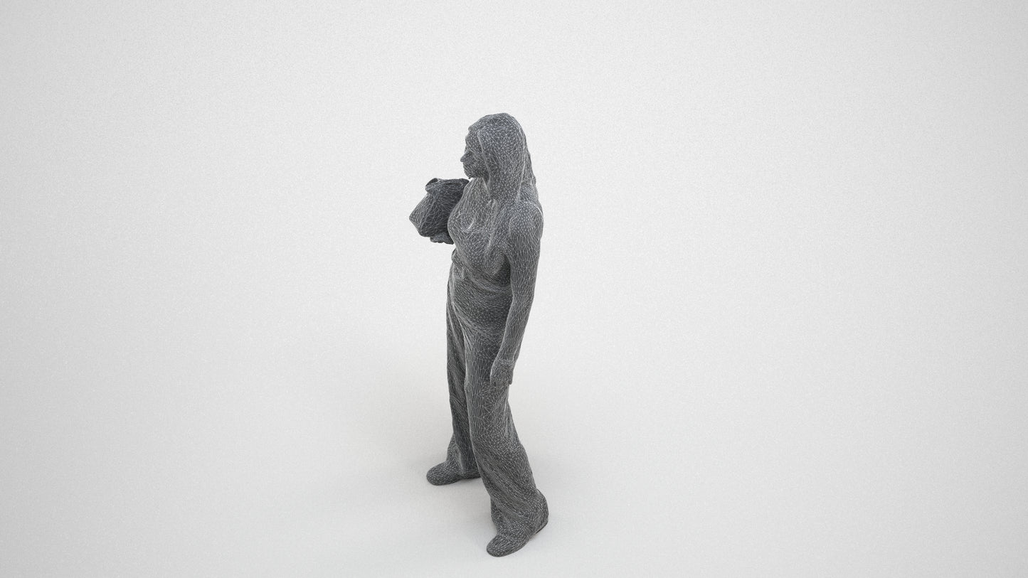 realistic 3D woman casual standing, scanned archviz people for Blender and 3ds Max, wireframe three-quarter view