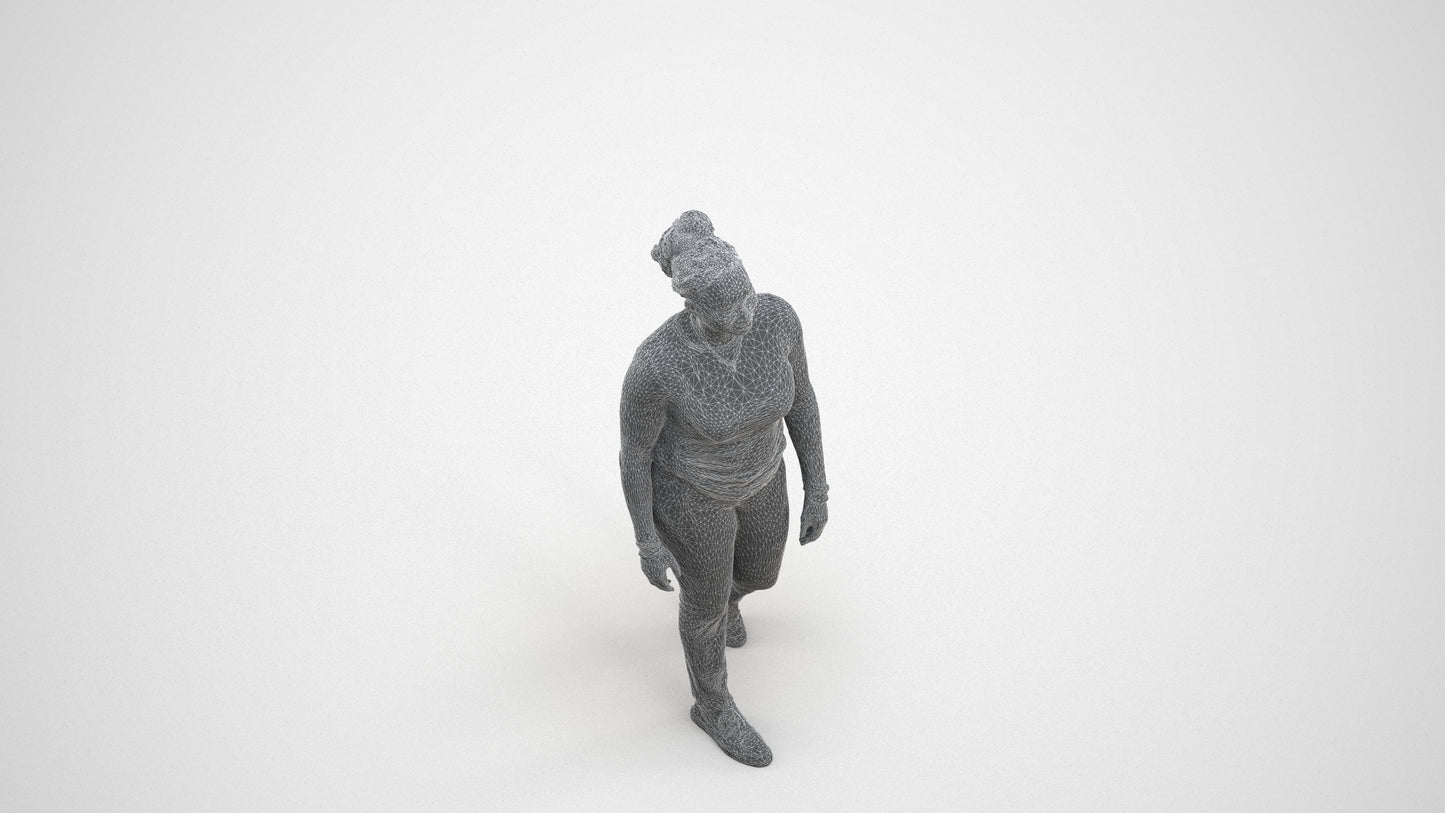 3D scanned woman walking casual, photorealistic archviz people for Enscape and SketchUp, wireframe three-quarter view
