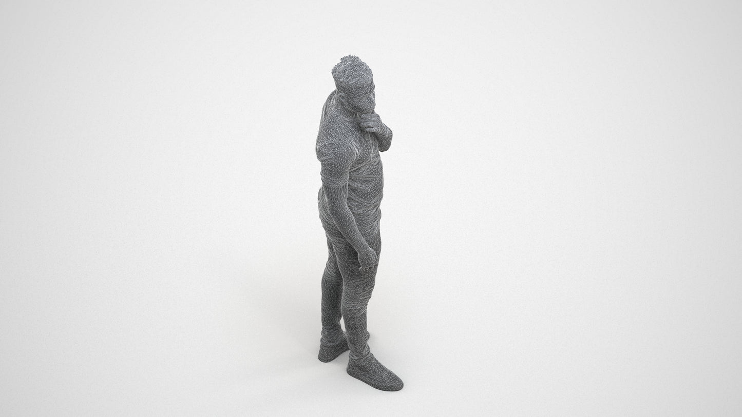 3D human model man casual standing, photogrammetry scanned person for archviz, wireframe three-quarter view