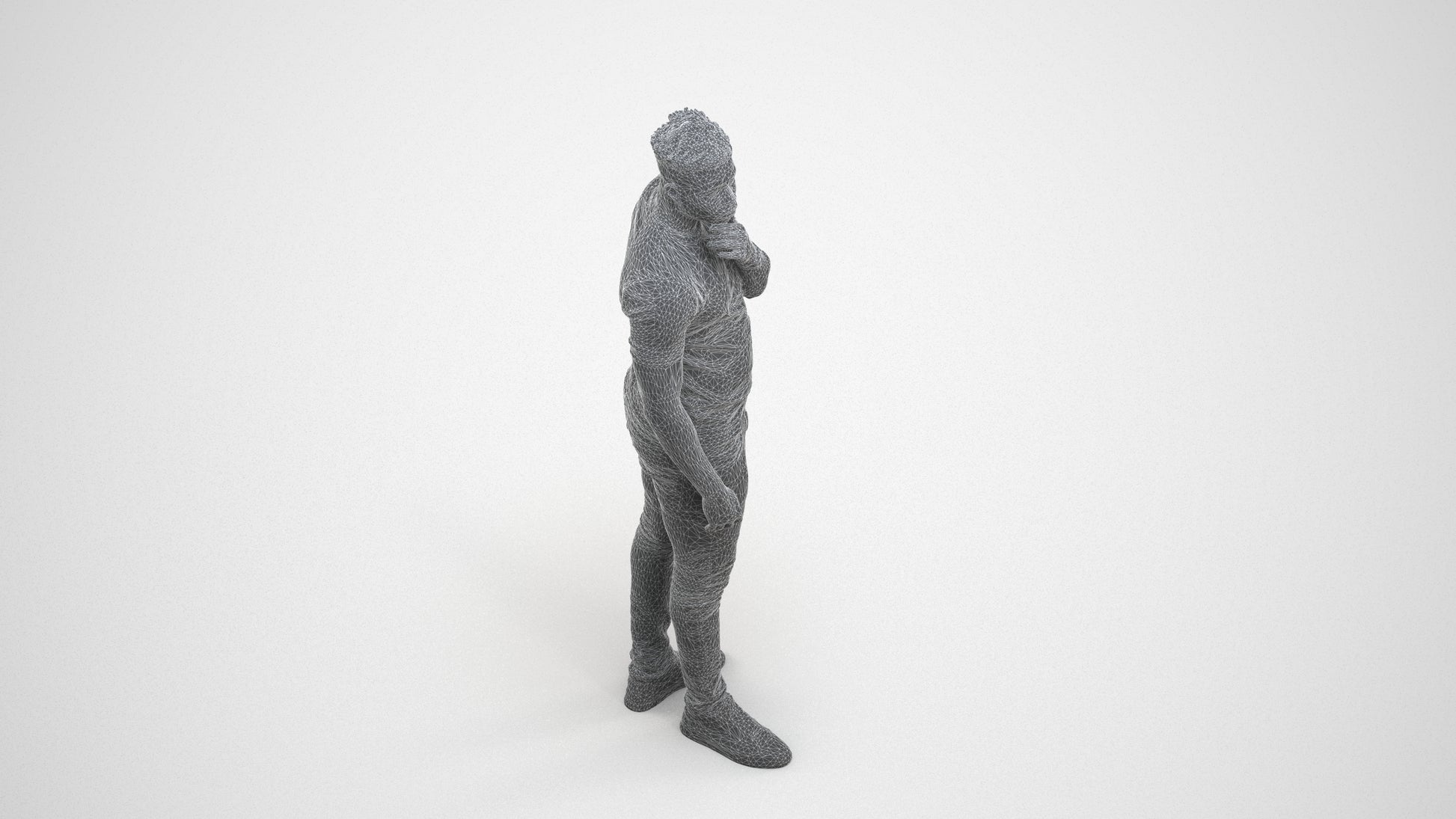 3D human model man casual standing, photogrammetry scanned person for archviz, wireframe three-quarter view
