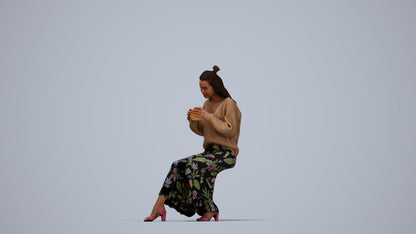 3D human model woman casual sitting, photogrammetry scanned person for archviz, top-down view render