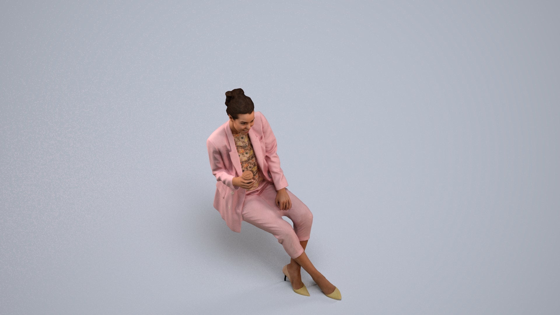 3D scanned woman sitting business, photorealistic archviz people for Enscape and SketchUp, back view render
