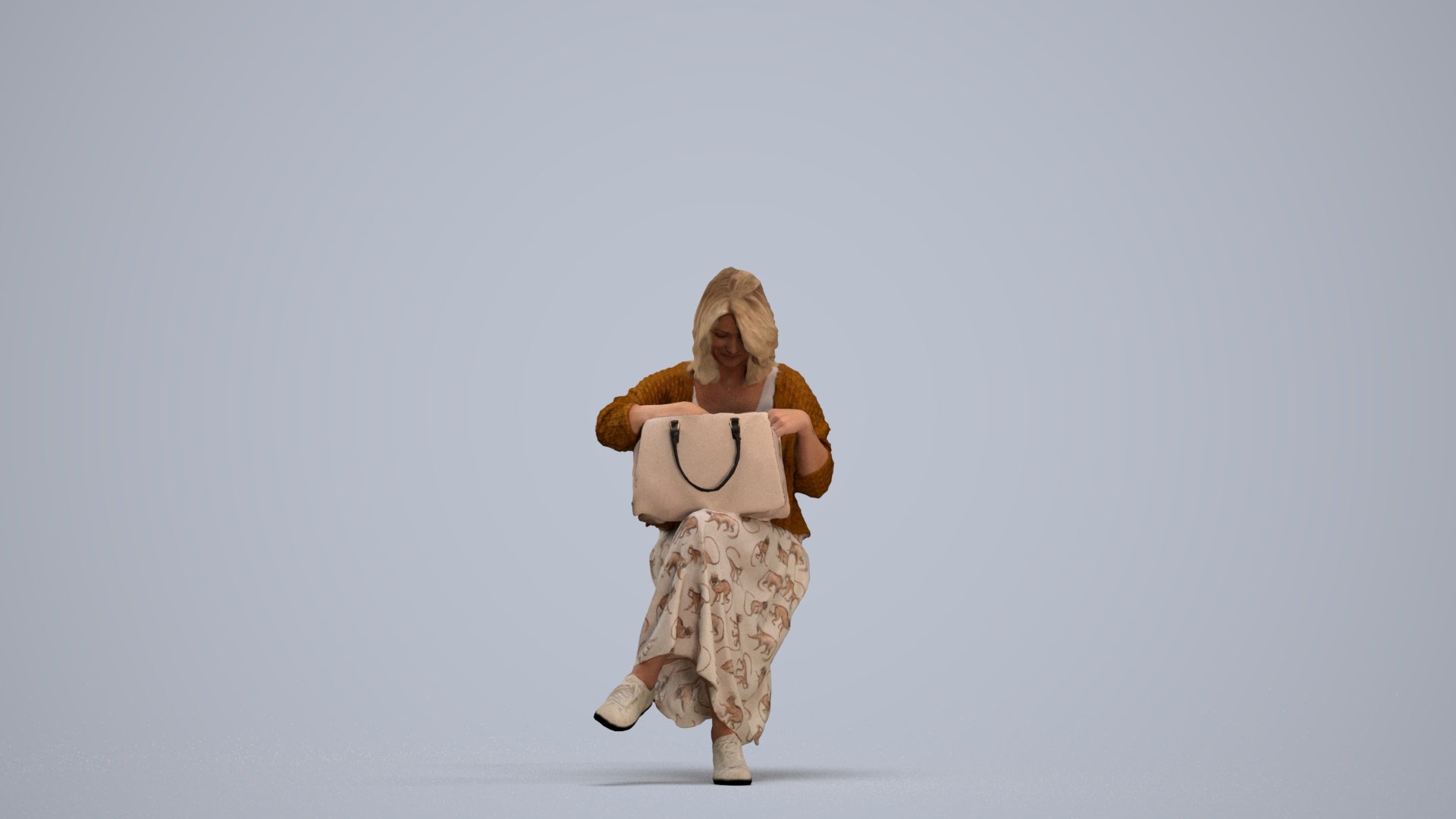 realistic 3D woman casual sitting, scanned archviz people for Blender and 3ds Max, standing pose render