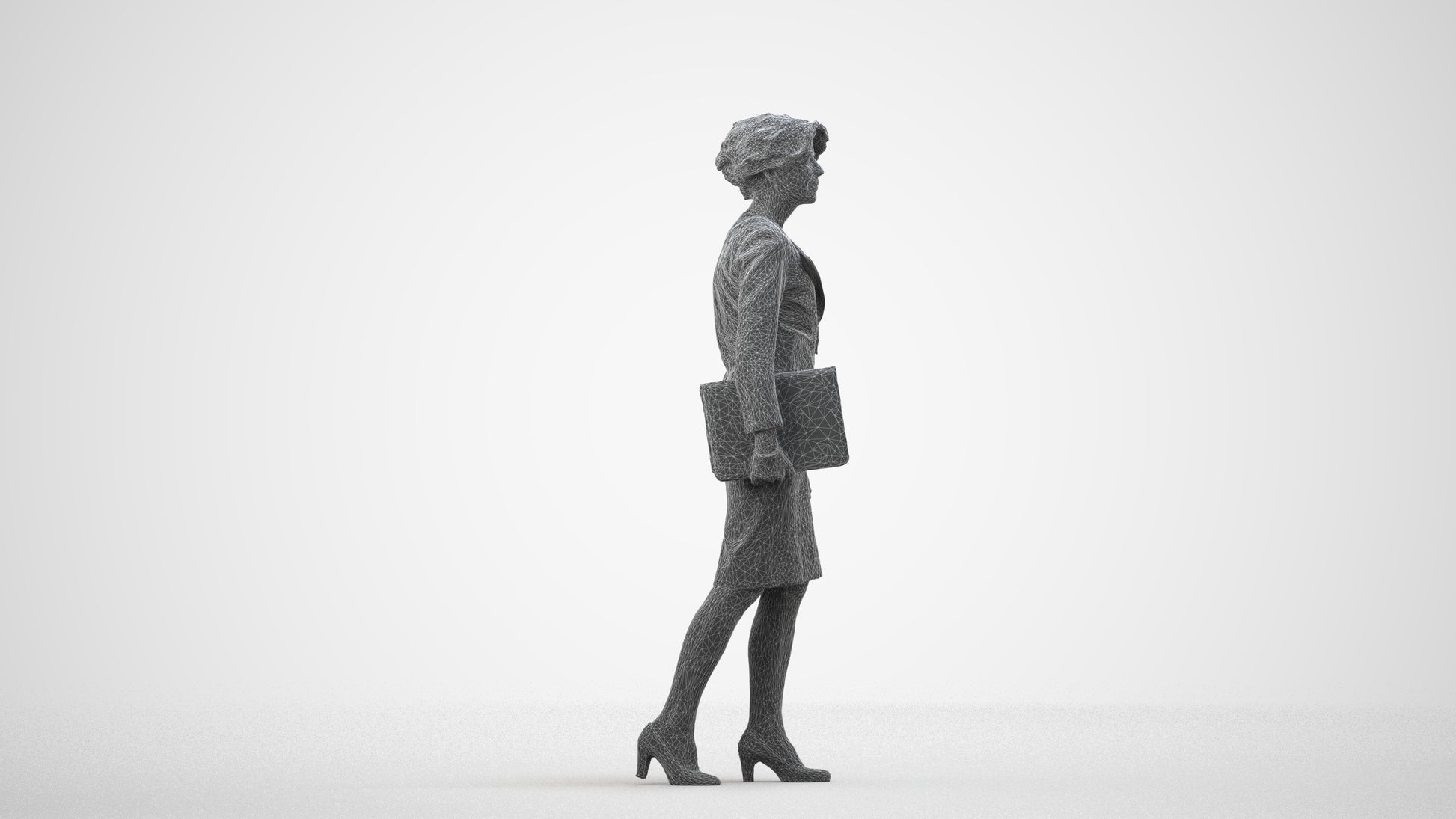 3D scanned woman walking business, photorealistic archviz people for Enscape and SketchUp, wireframe side view