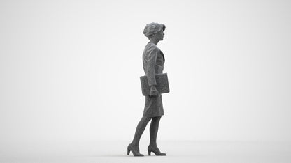 3D scanned woman walking business, photorealistic archviz people for Enscape and SketchUp, wireframe side view