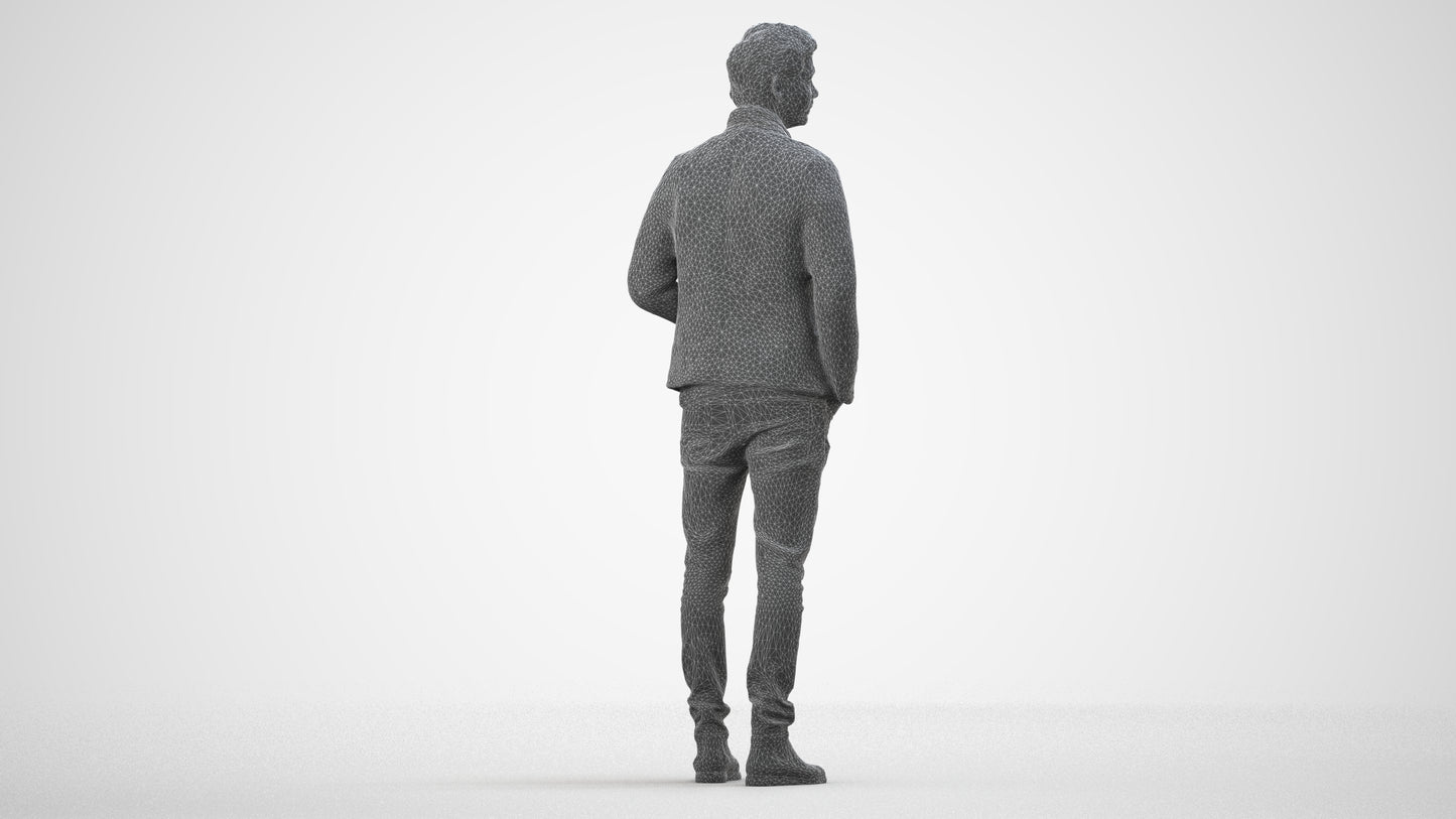 3D people model man casual business, scanned human for 3ds Max rendering, wireframe side view