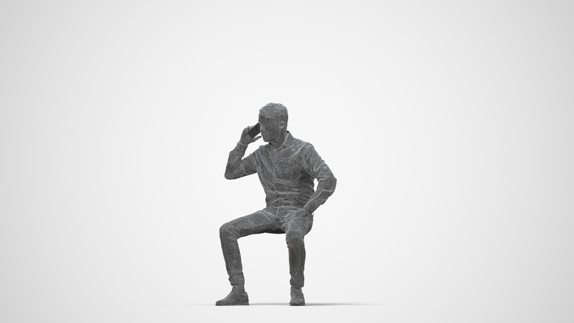 realistic 3D man business sitting, scanned archviz people for Blender and 3ds Max, wireframe back view