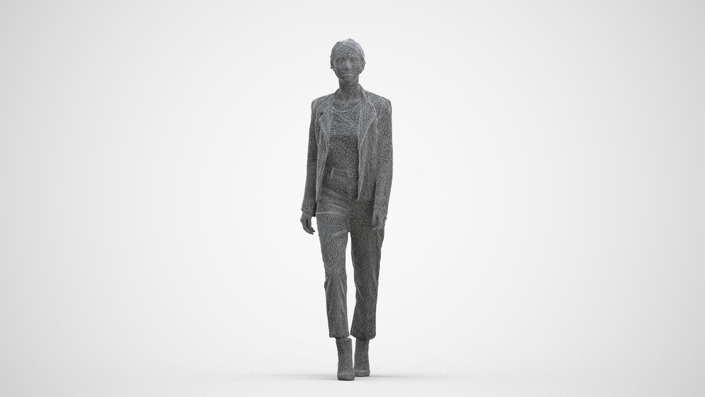 3D scanned woman walking business, photorealistic archviz people for Enscape and SketchUp, three-quarter front view render