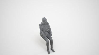 3D people model senior woman casual sitting, scanned human for 3ds Max rendering, wireframe three-quarter view