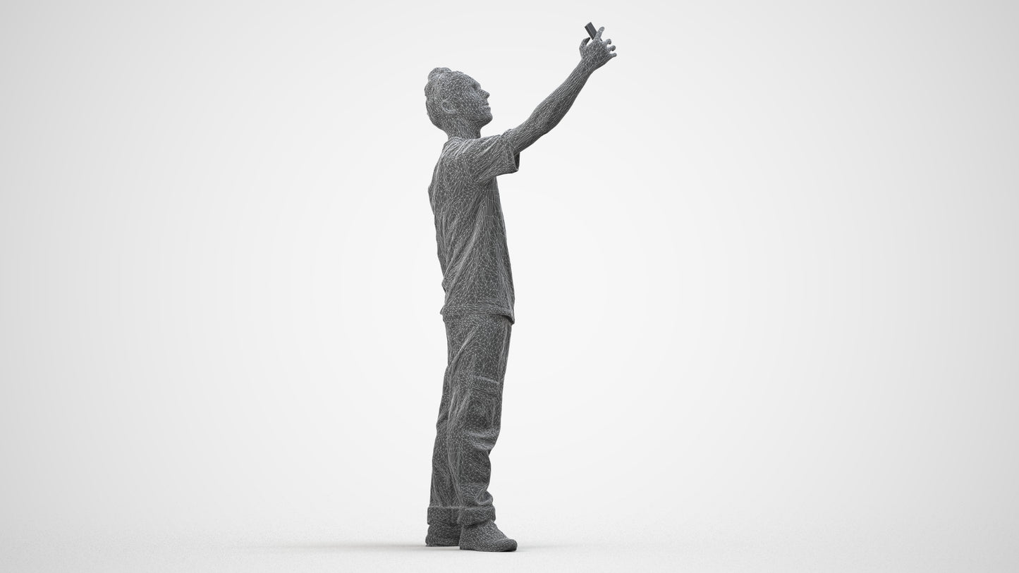 3D human model man casual standing, photogrammetry scanned person for archviz, wireframe side view