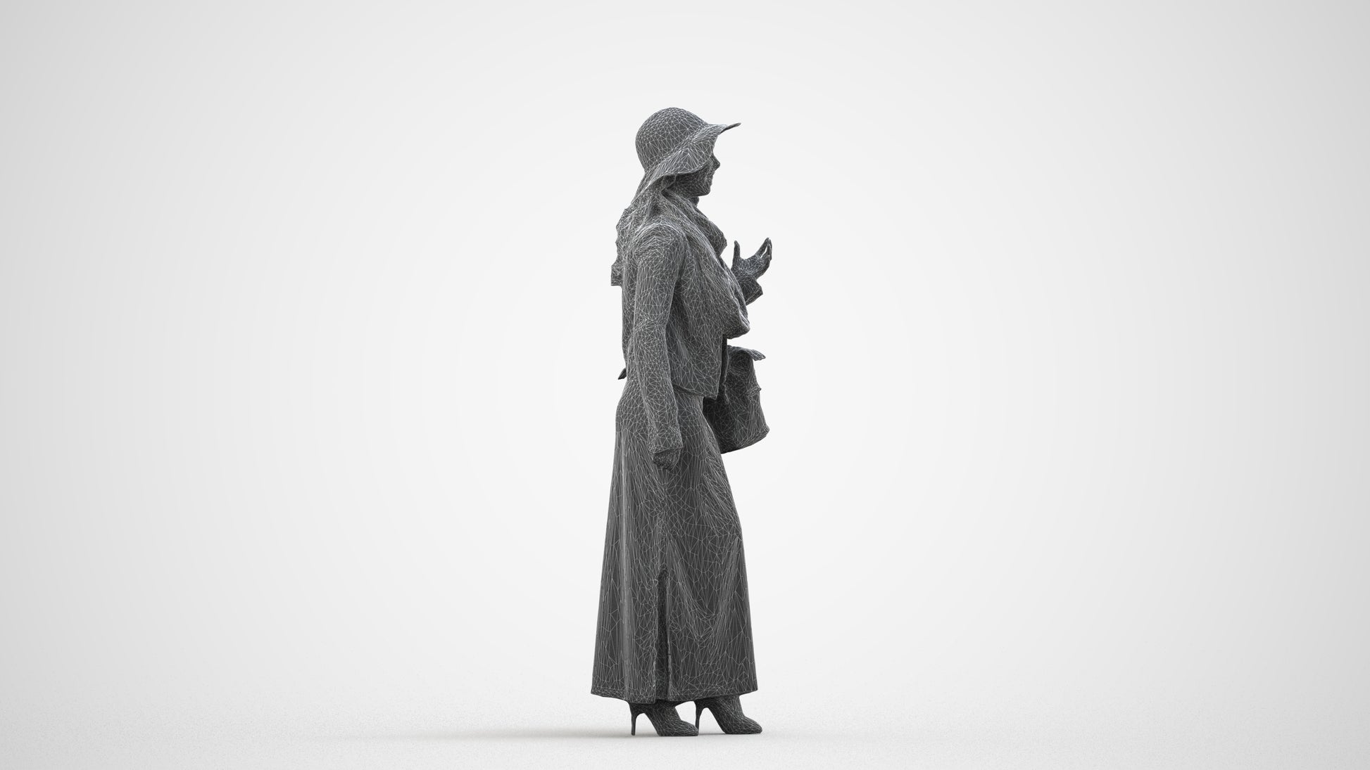 realistic 3D human woman casual standing, archviz people FBX OBJ for Blender, wireframe side view