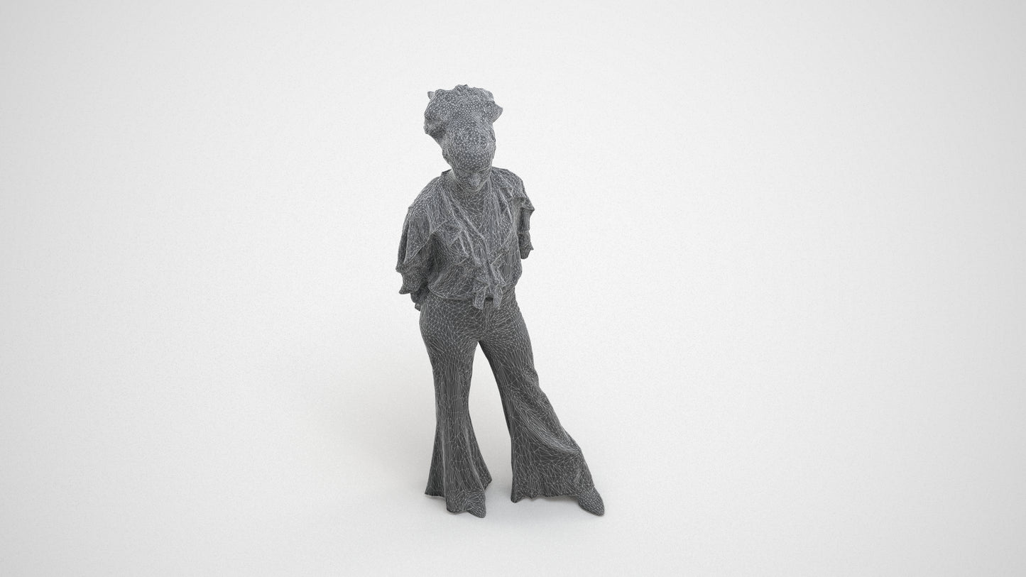 3D scanned woman standing casual, photorealistic archviz people for Enscape and SketchUp, wireframe three-quarter view