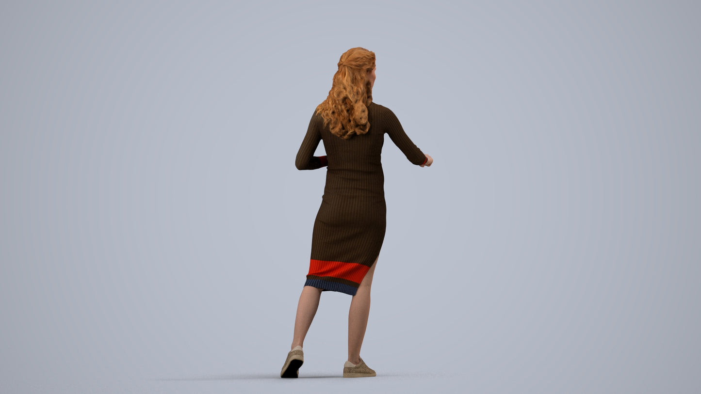 3D human model woman casual standing, photogrammetry scanned person for archviz, side view render