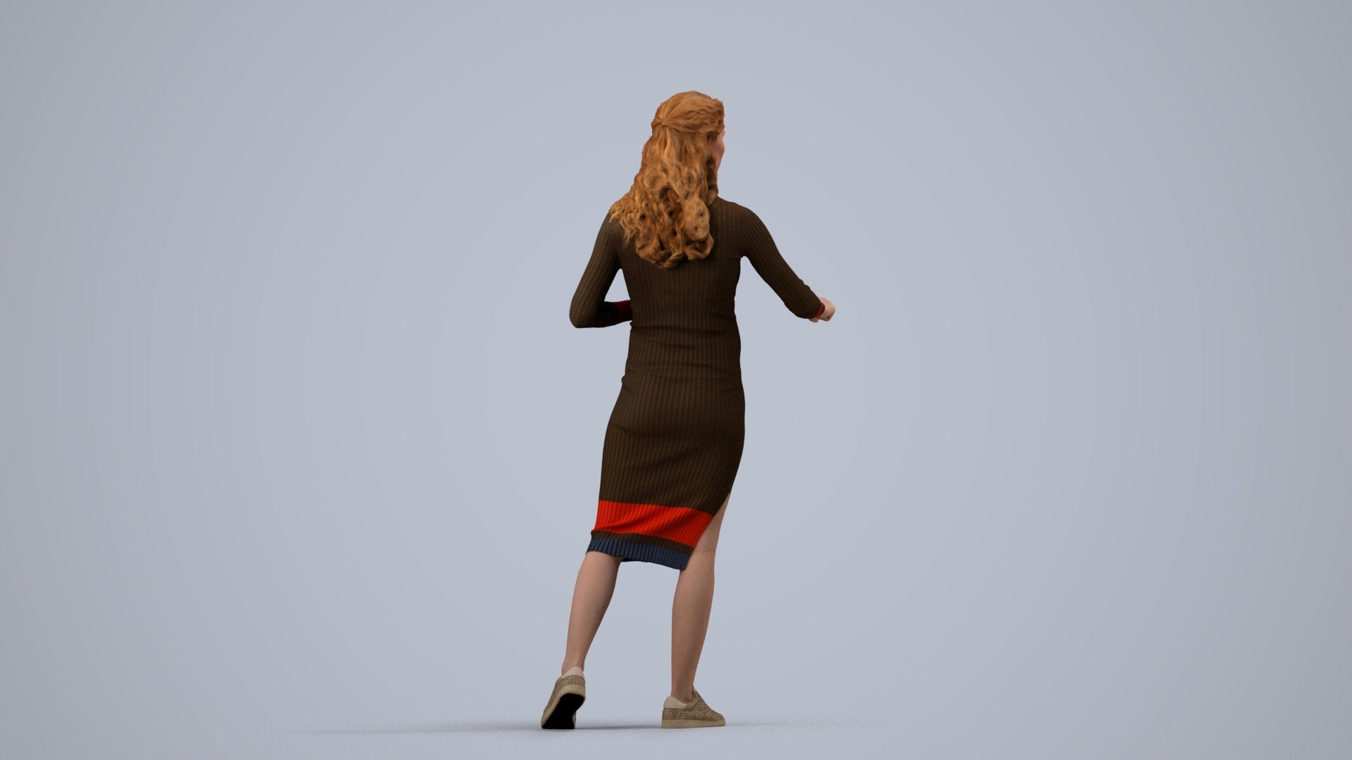 3D human model woman casual standing, photogrammetry scanned person for archviz, side view render