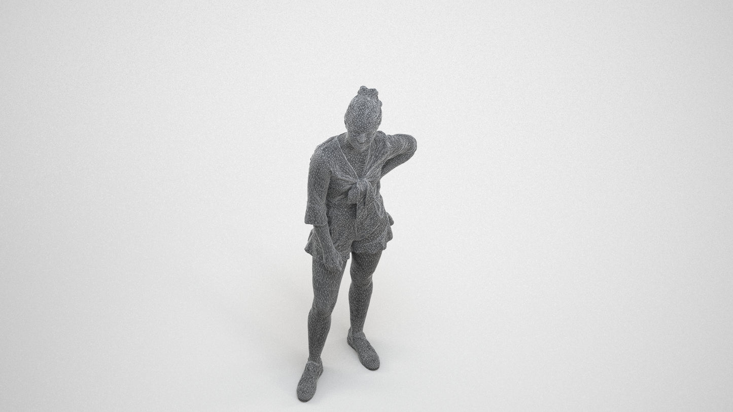 3D human model girl casual kids, photogrammetry scanned person for archviz, wireframe three-quarter view