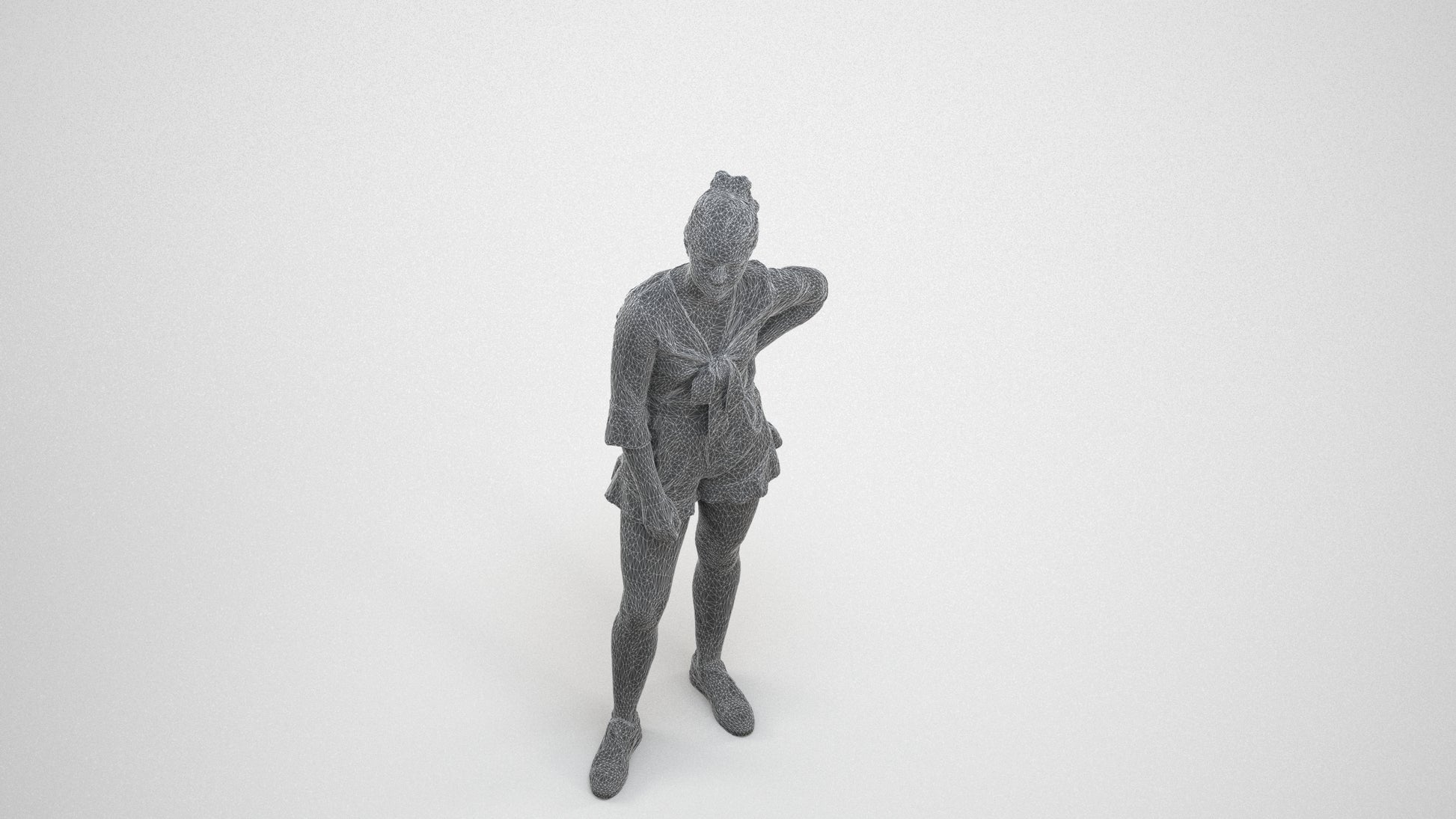 3D human model girl casual kids, photogrammetry scanned person for archviz, wireframe three-quarter view