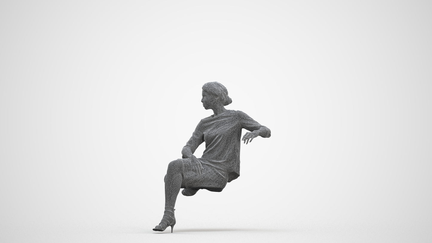 3D scanned woman sitting casual, photorealistic archviz people for Enscape and SketchUp, three-quarter front view render