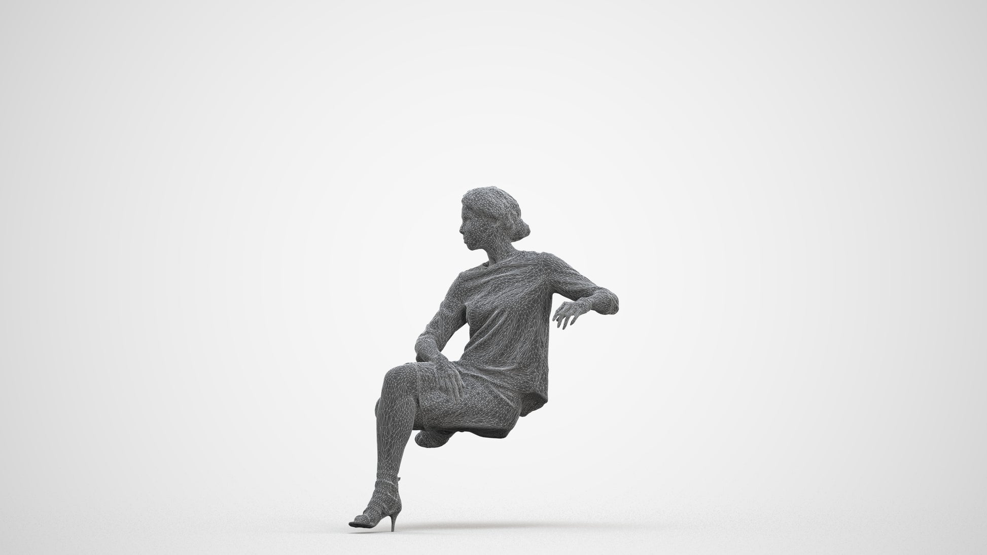 3D scanned woman sitting casual, photorealistic archviz people for Enscape and SketchUp, three-quarter front view render