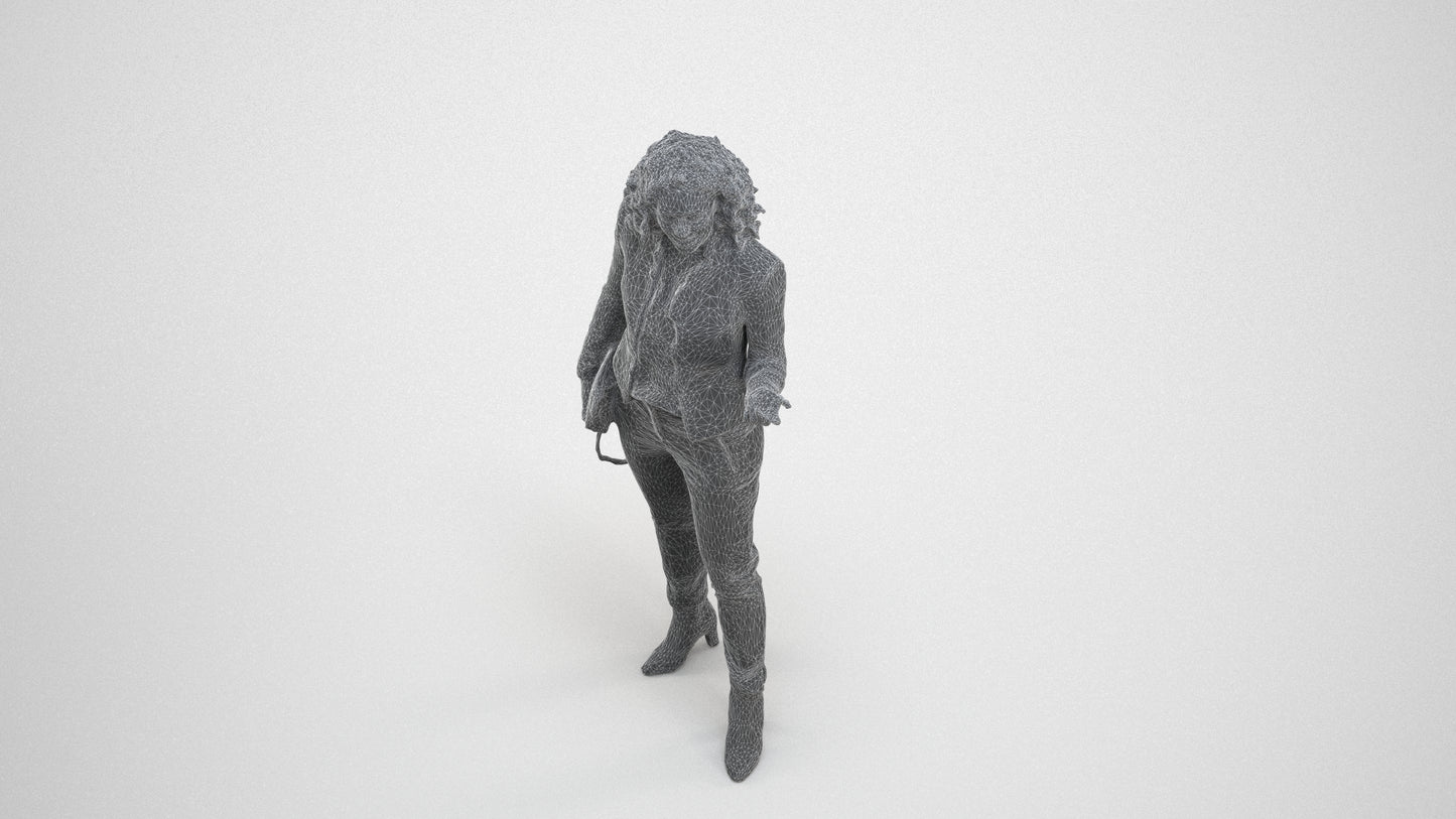 realistic 3D human woman business standing, archviz people FBX OBJ for Blender, wireframe three-quarter view