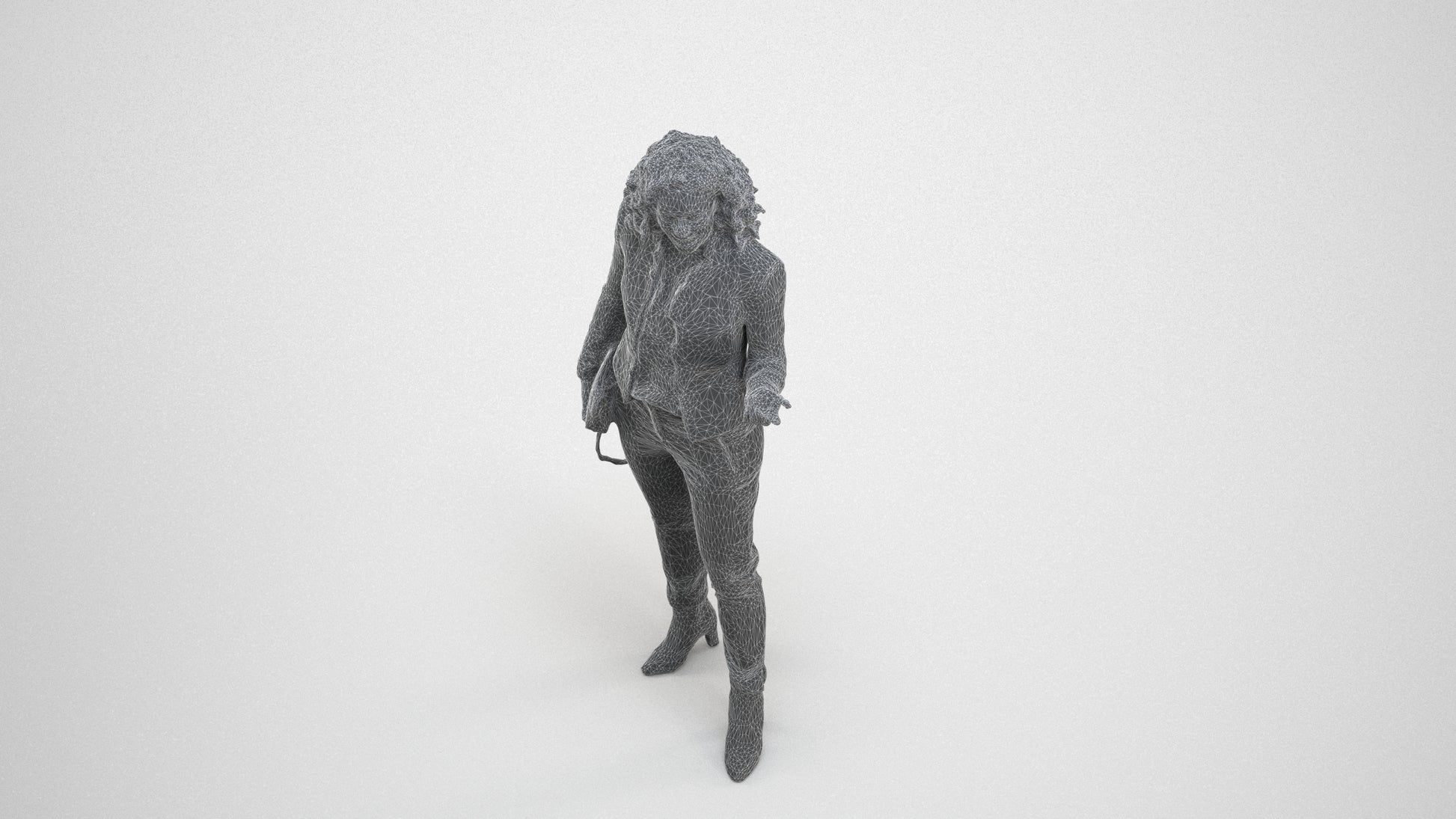 realistic 3D human woman business standing, archviz people FBX OBJ for Blender, wireframe three-quarter view