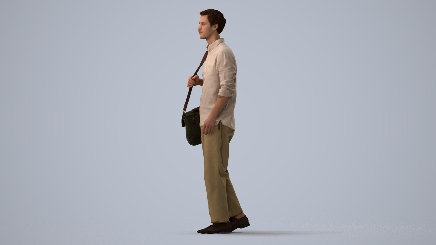 photogrammetry 3D man casual walking, realistic human model archviz FBX, three-quarter view render