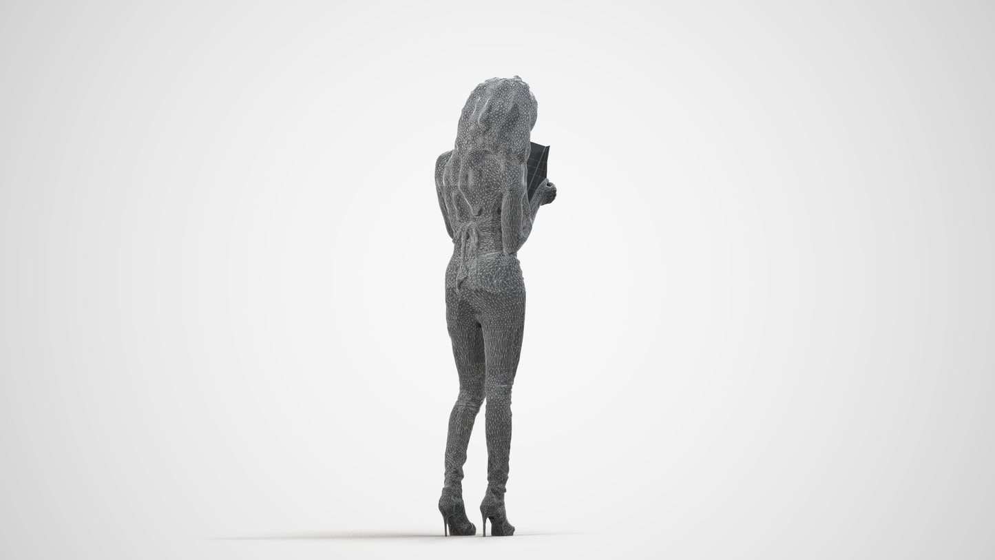 3D human model woman casual standing, photogrammetry scanned person for archviz, wireframe side view