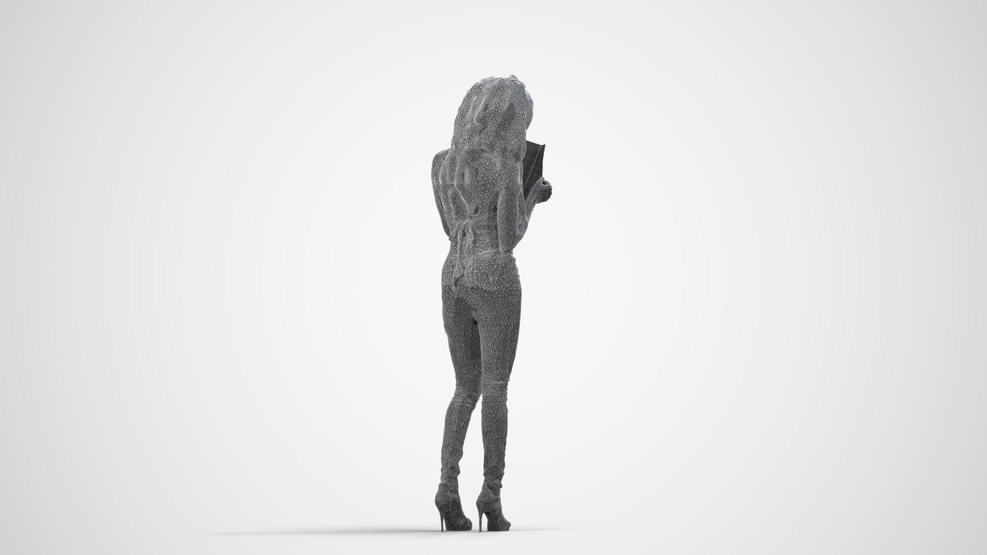 3D human model woman casual standing, photogrammetry scanned person for archviz, wireframe side view