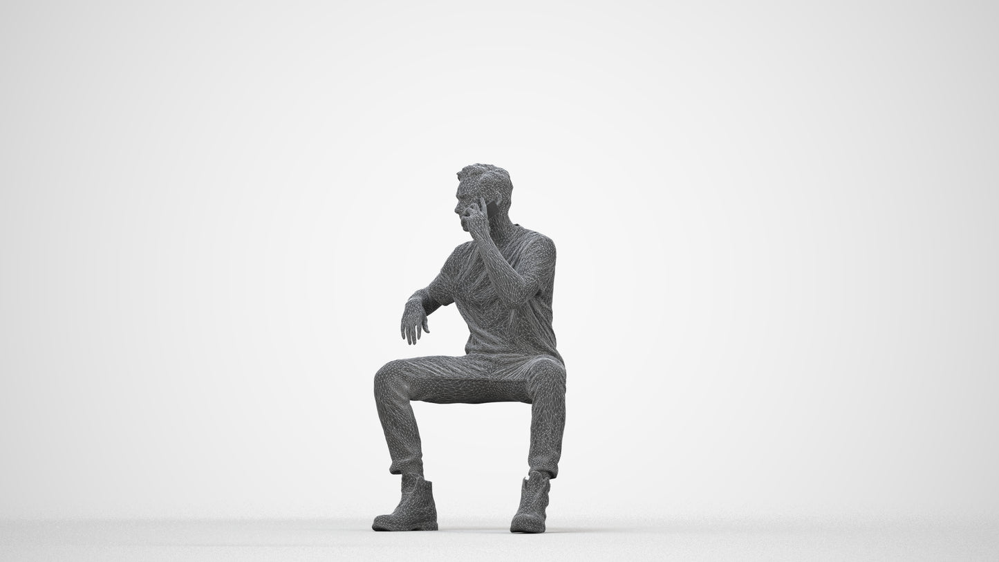 3D people model man casual sitting, scanned human for 3ds Max rendering, wireframe back view