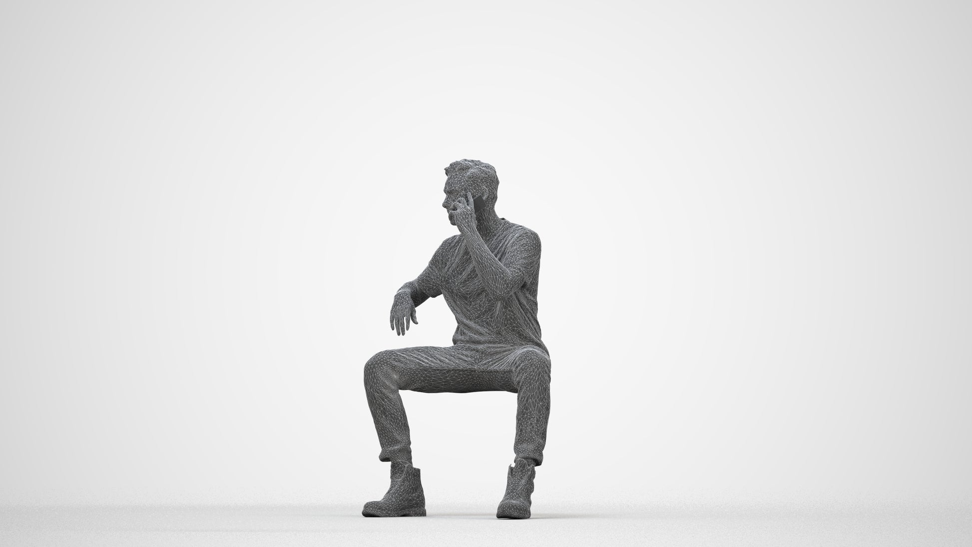 3D people model man casual sitting, scanned human for 3ds Max rendering, wireframe back view