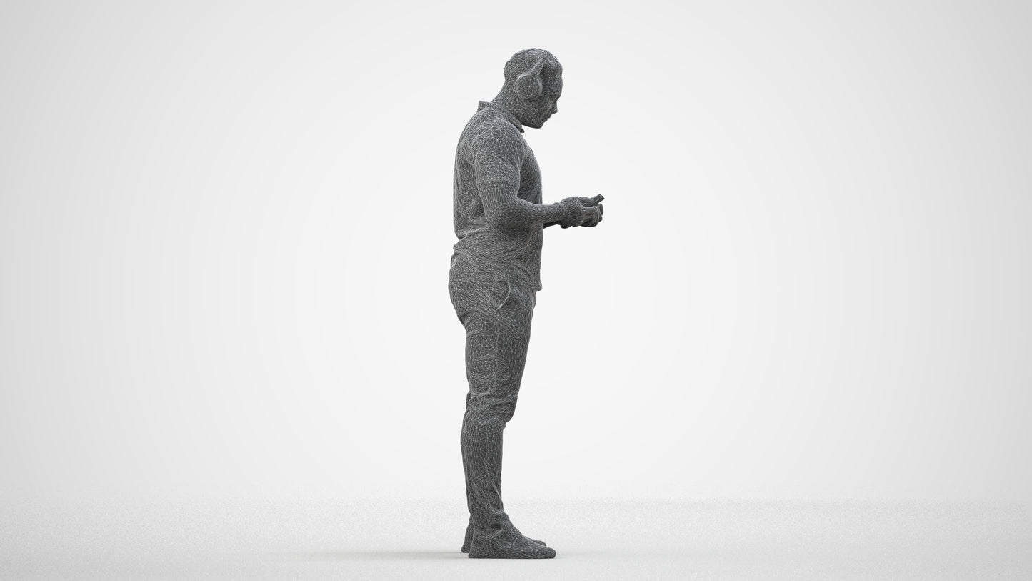 3D people model man casual standing, scanned human for 3ds Max rendering, wireframe side view