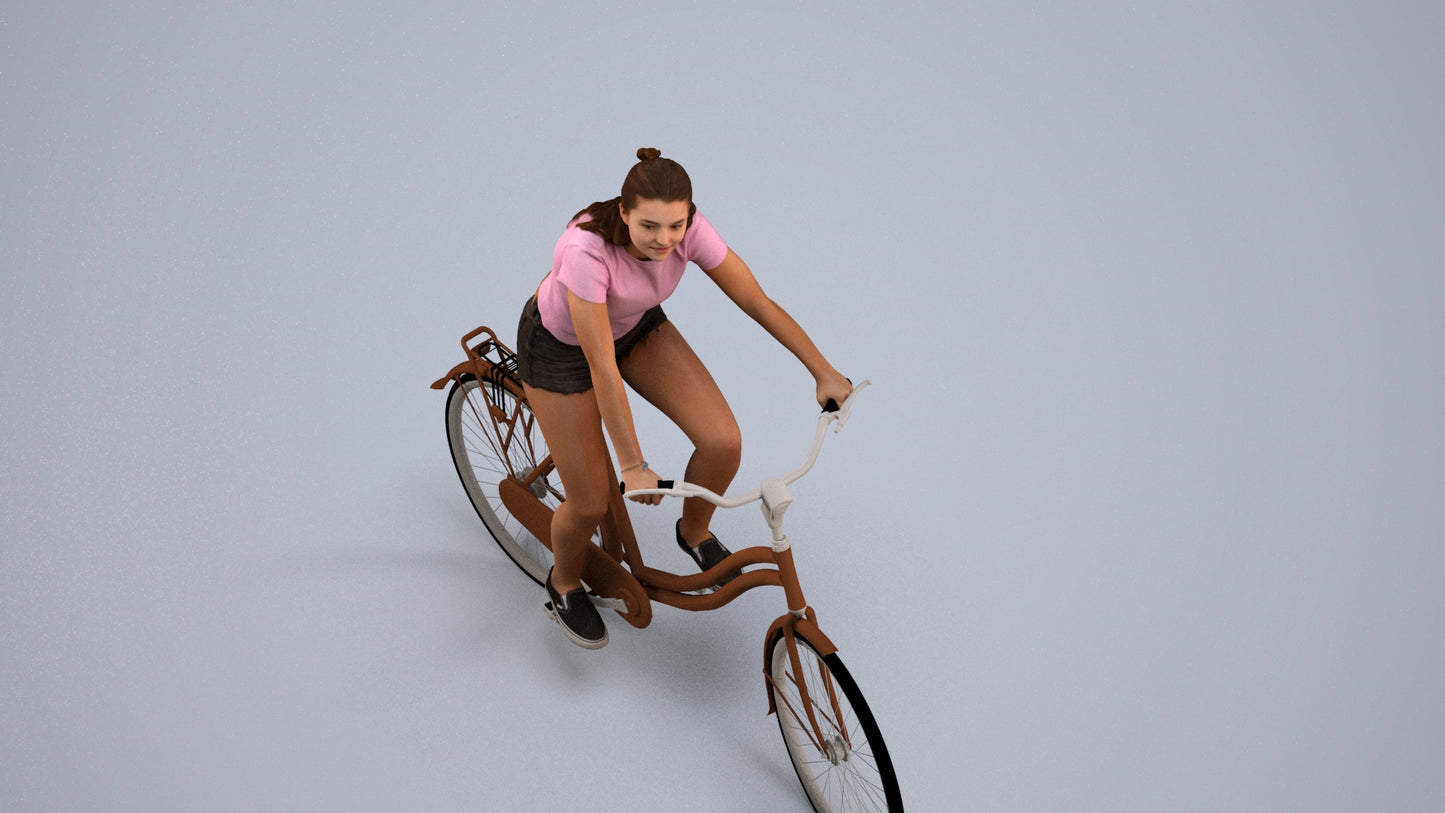 realistic 3D human girl casual cycling, archviz people FBX OBJ for Blender, back view render