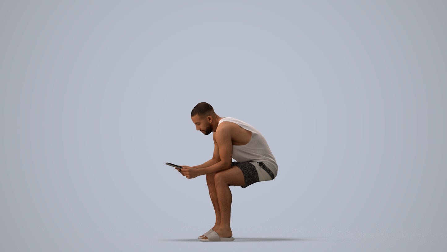 realistic 3D people man casual sitting, render-ready for V-Ray and Corona, FBX OBJ, three-quarter view render