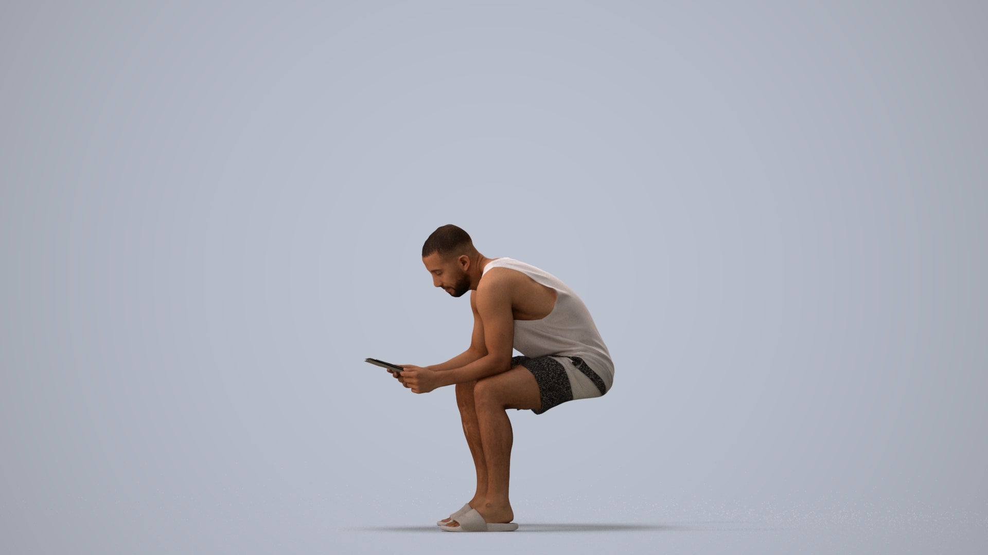 realistic 3D people man casual sitting, render-ready for V-Ray and Corona, FBX OBJ, three-quarter view render