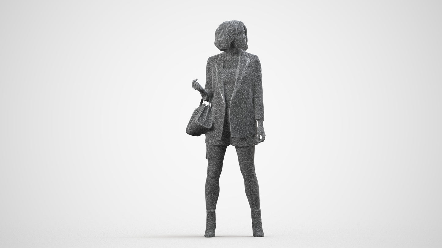 realistic 3D woman business standing, scanned archviz people for Blender and 3ds Max, wireframe side view