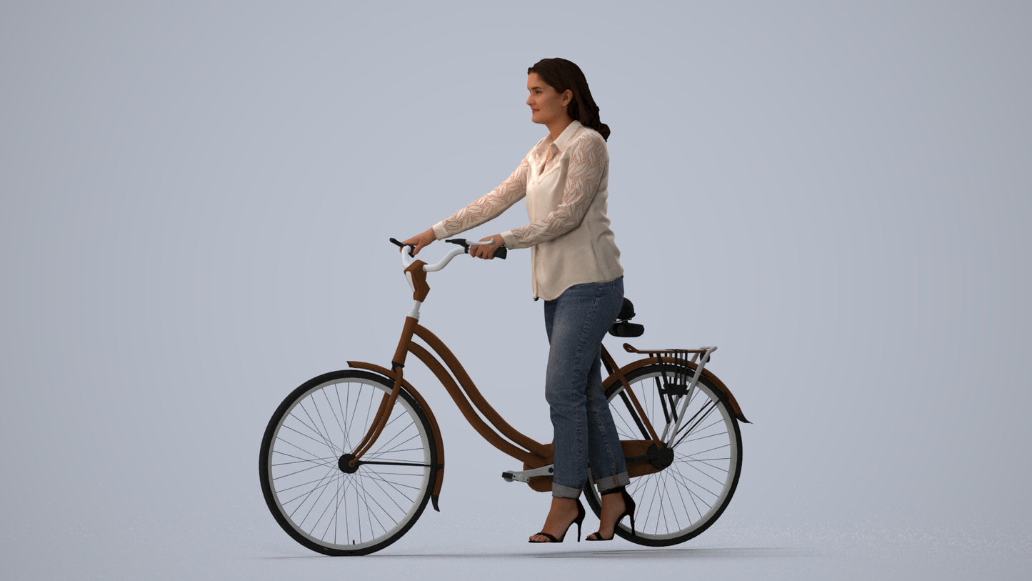 3D human model woman casual walking, photogrammetry scanned person for archviz, three-quarter view render