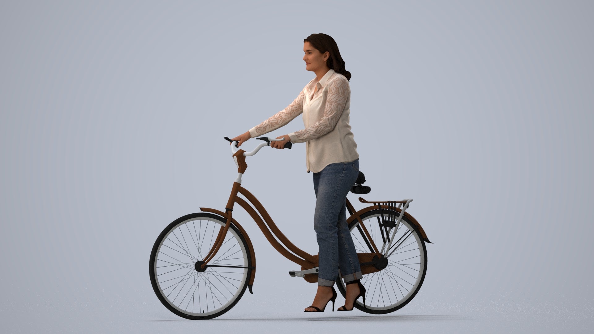 3D human model woman casual walking, photogrammetry scanned person for archviz, three-quarter view render
