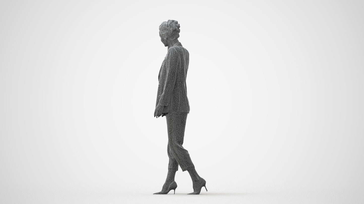 3D human model woman business walking, photogrammetry scanned person for archviz, square thumbnail