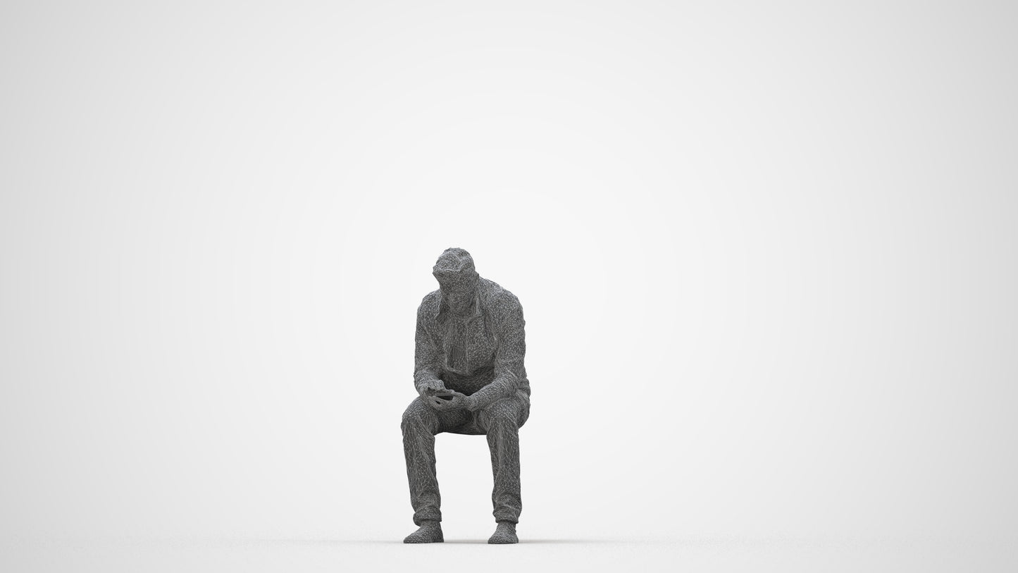 realistic 3D human man casual sitting, archviz people FBX OBJ for Blender, wireframe back view