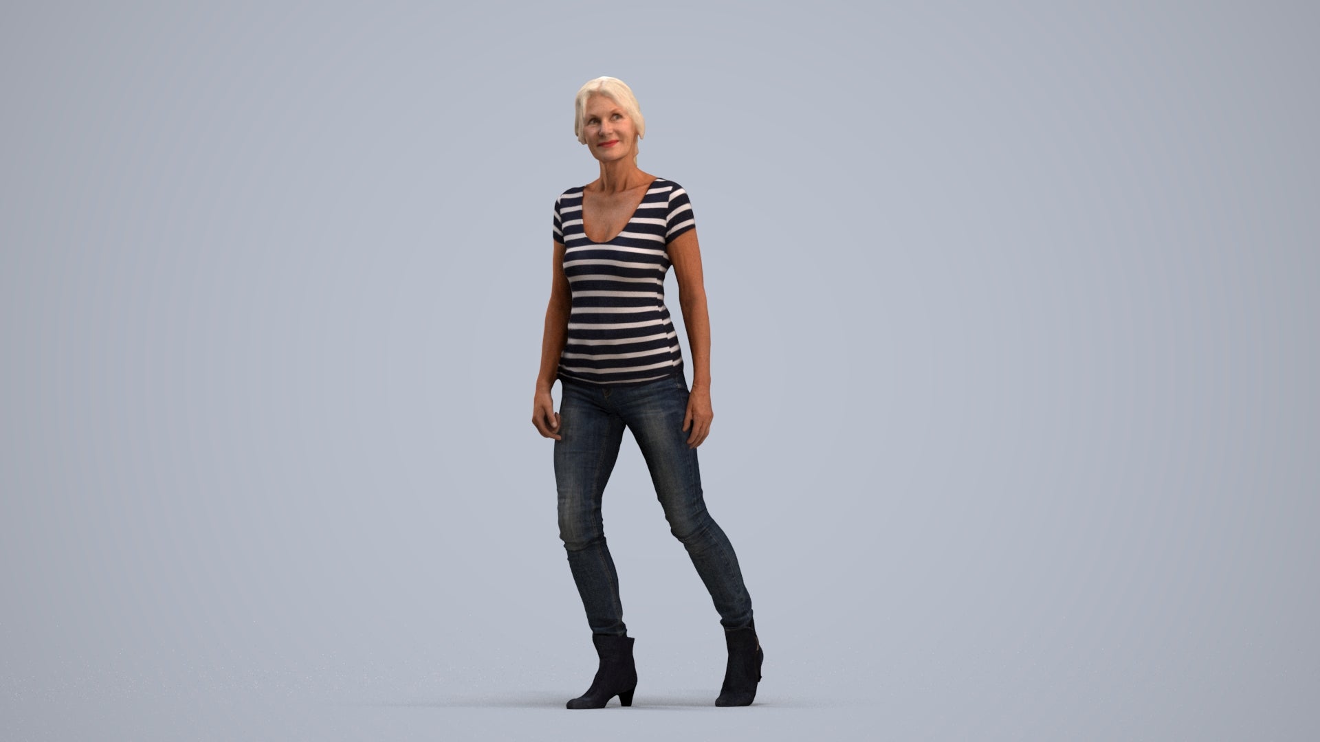 realistic 3D people senior woman casual walking, render-ready for V-Ray and Corona, FBX OBJ, standing pose render