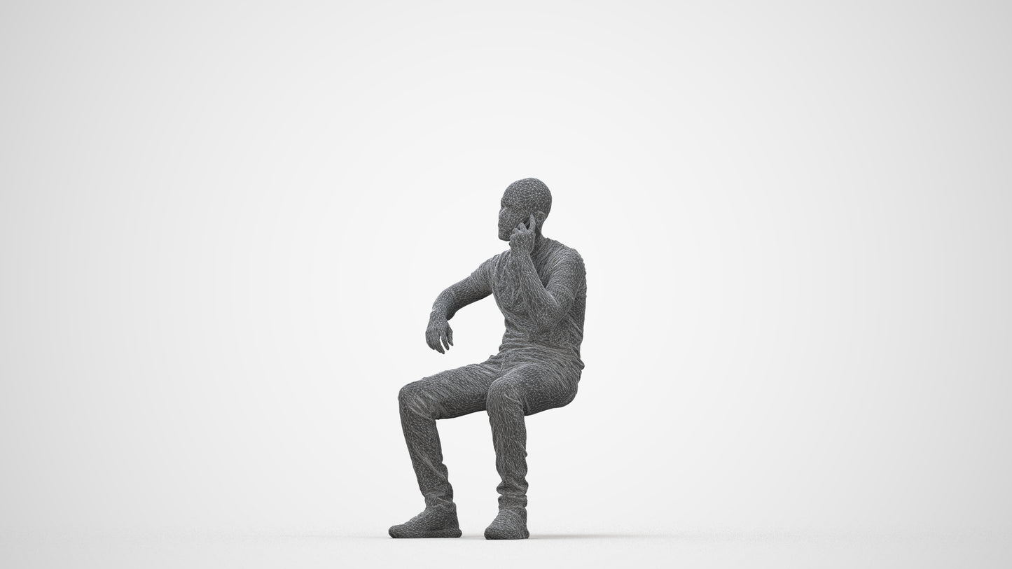 realistic 3D human man casual sitting, archviz people FBX OBJ for Blender, wireframe back view