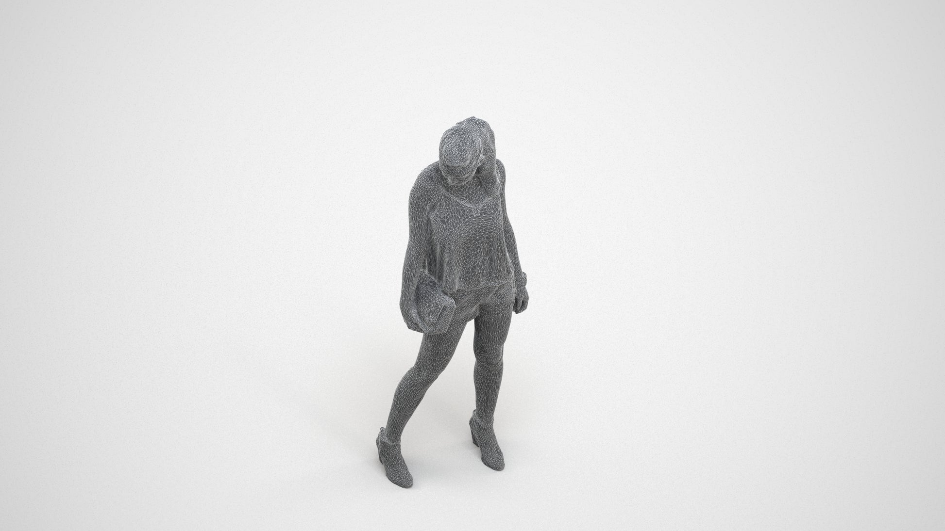 3D scanned girl standing casual, photorealistic archviz people for Enscape and SketchUp, wireframe three-quarter view