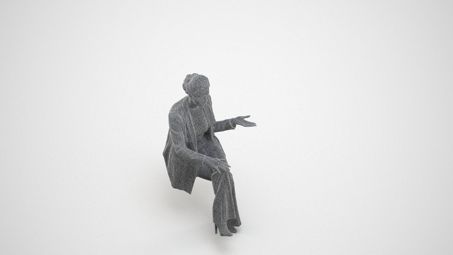 3D scanned woman sitting business, photorealistic archviz people for Enscape and SketchUp, wireframe three-quarter view