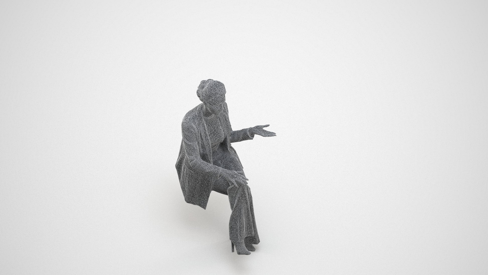 3D scanned woman sitting business, photorealistic archviz people for Enscape and SketchUp, wireframe three-quarter view