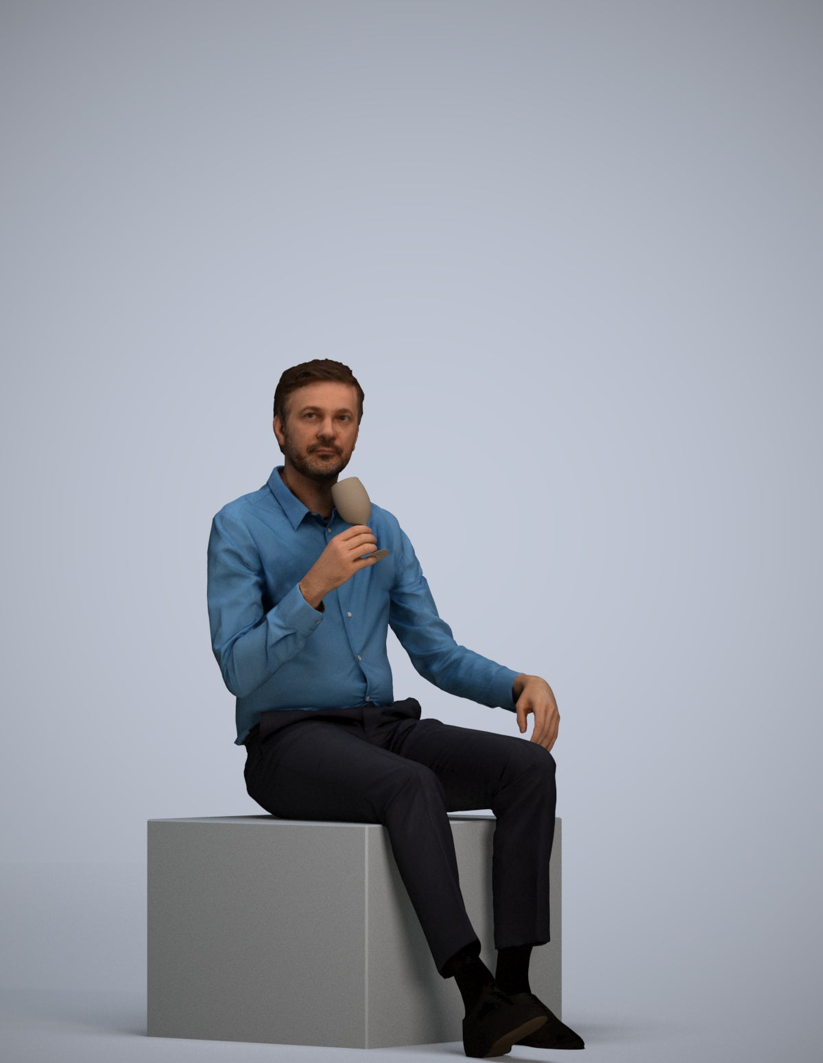 3D human model man business sitting, photogrammetry scanned person for archviz