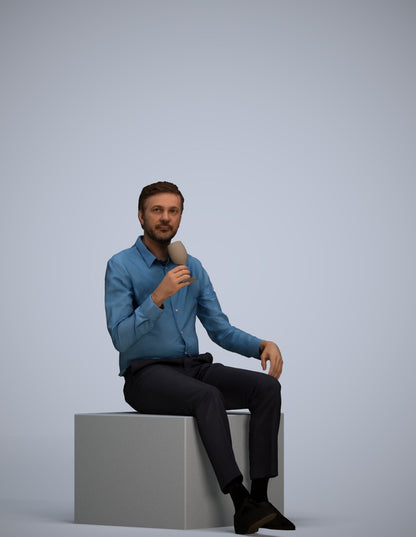 3D human model man business sitting, photogrammetry scanned person for archviz