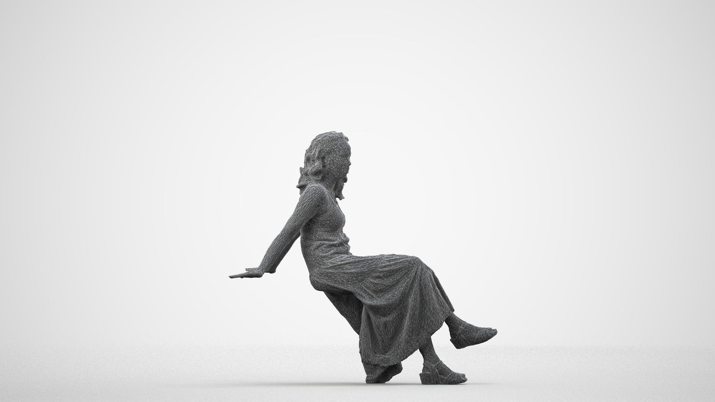 realistic 3D woman casual sitting, scanned archviz people for Blender and 3ds Max, wireframe side view