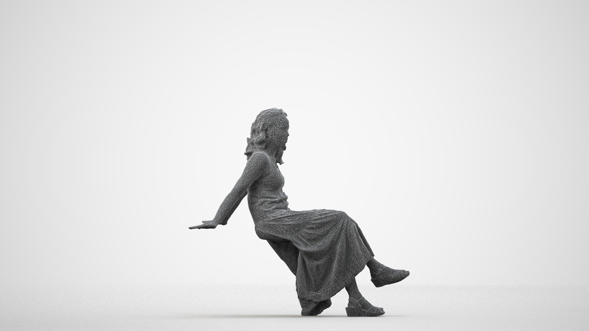 realistic 3D woman casual sitting, scanned archviz people for Blender and 3ds Max, wireframe side view