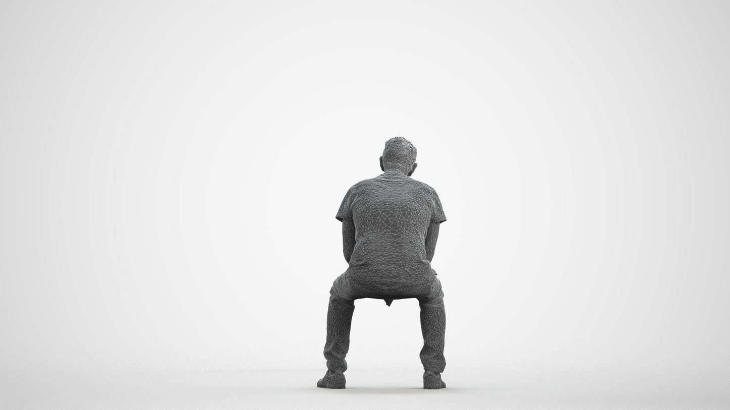 3D scanned senior man sitting casual, photorealistic archviz people for Enscape and SketchUp, wireframe front view