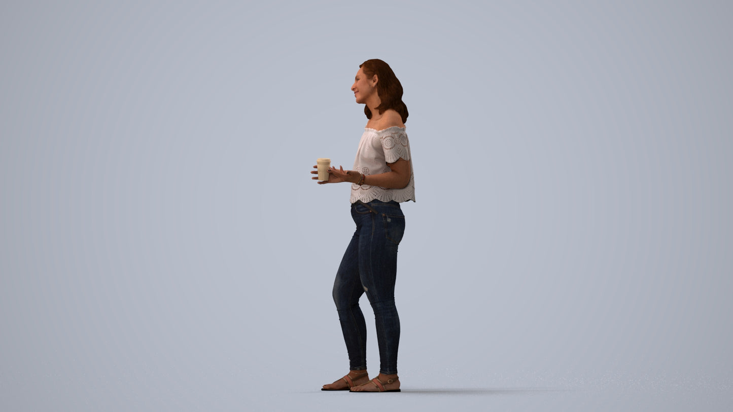 realistic 3D human woman casual standing, archviz people FBX OBJ for Blender, three-quarter view render